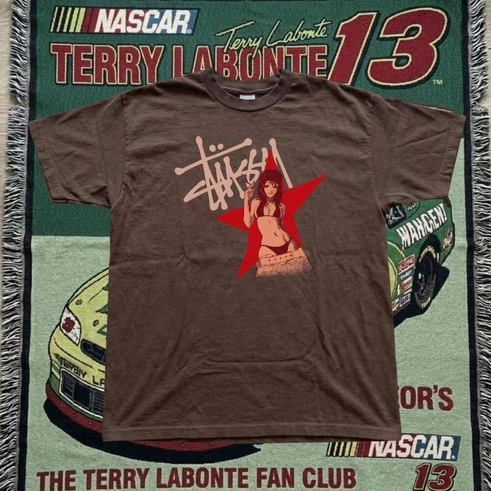 Stã¼Ssy Brown Graphic Tee With Red Accents